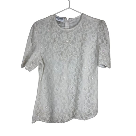 Brilliante Tops - Retro Beaded Floral Top M White Glam Lace Bridal Retro Classic Chic Preppy Boho